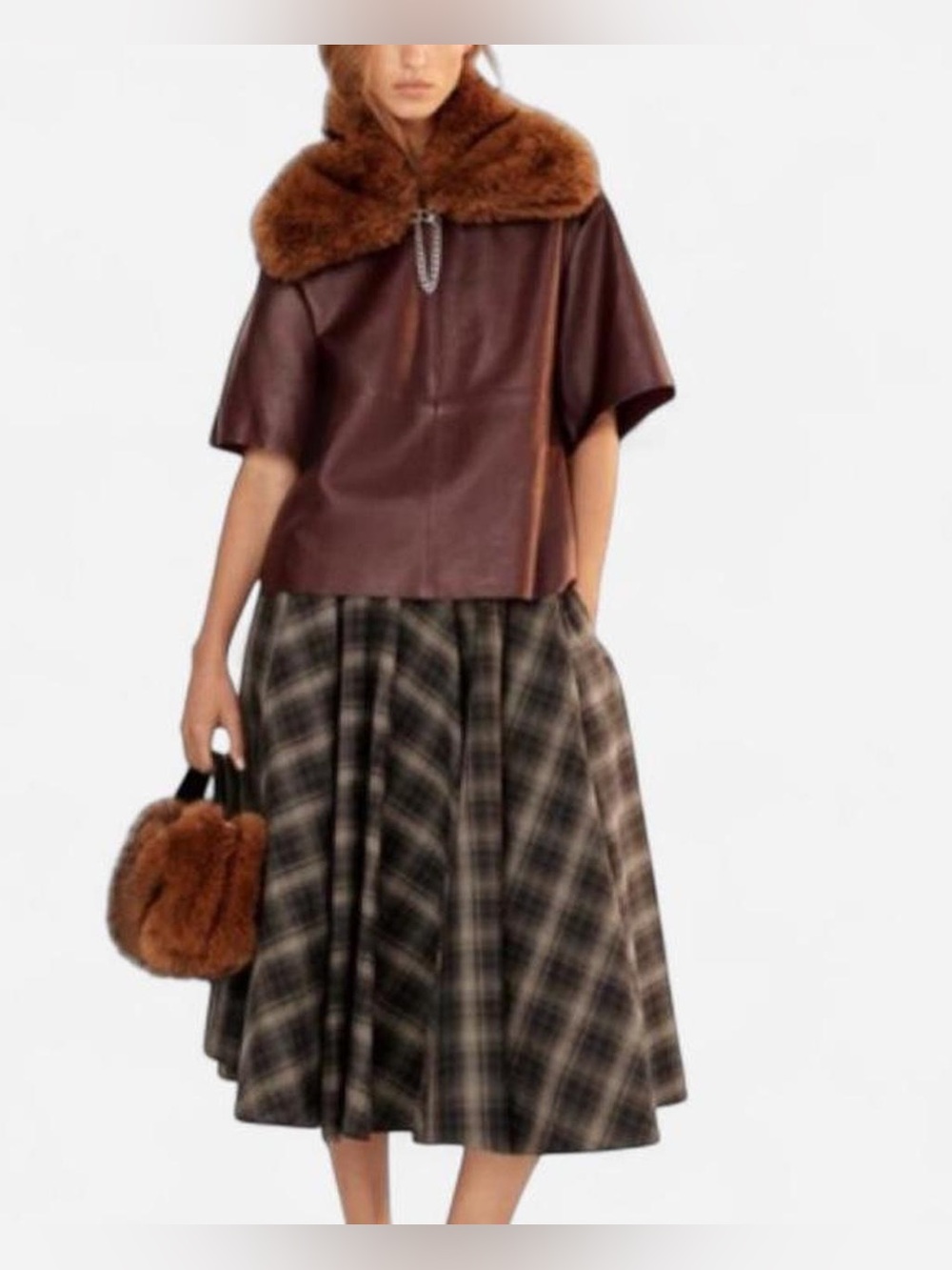Plaid A-Line Midi Skirt in Brown and Gray